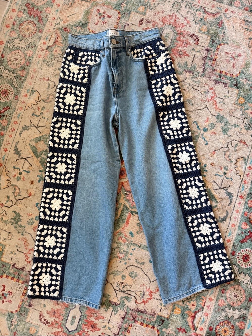 Frame Denim Light Blue Wide-Leg Jeans with Crochet Insets